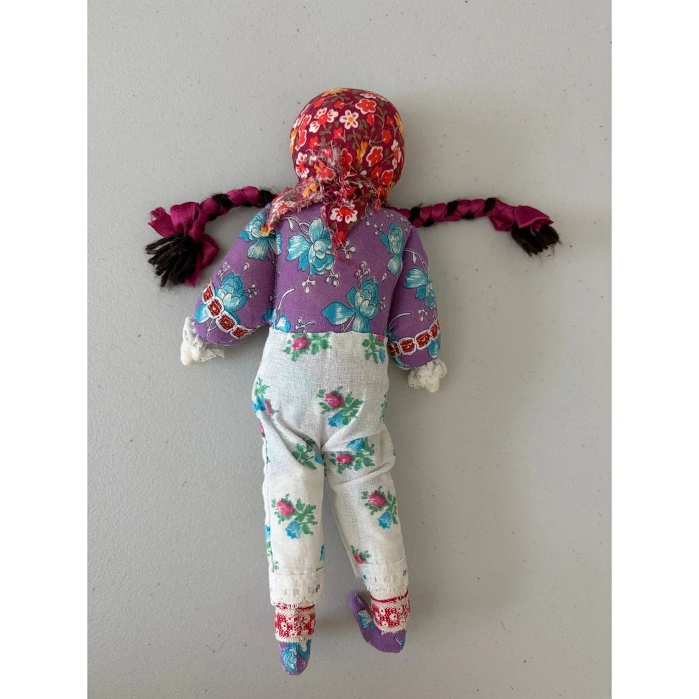 Vintage 70s Russian Babushka Cloth Doll Braided Yarn Hair Folk Art Rag Toy